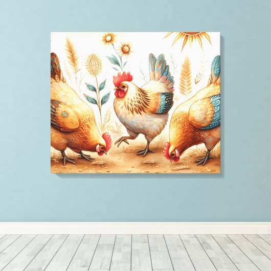 Rustieke Barnyard Chickens Boho Country Boerderij Canvas Afdruk (Insitu (Houten vloer))