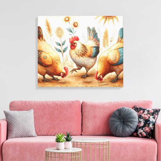Rustieke Barnyard Chickens Boho Country Boerderij Canvas Afdruk (Insitu (Woonkamer))