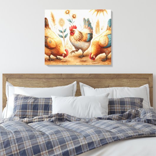 Rustieke Barnyard Chickens Boho Country Boerderij Canvas Afdruk (Insitu (Slaapkamer))