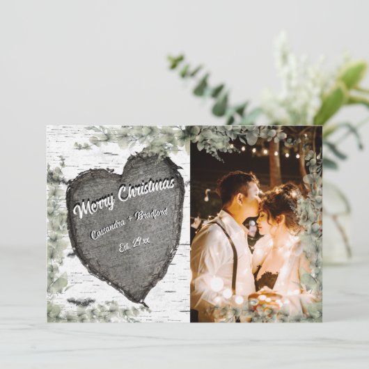 Rustieke bast houten hart Eucalyptus groen Feestdagenkaart (Staand voorkant)