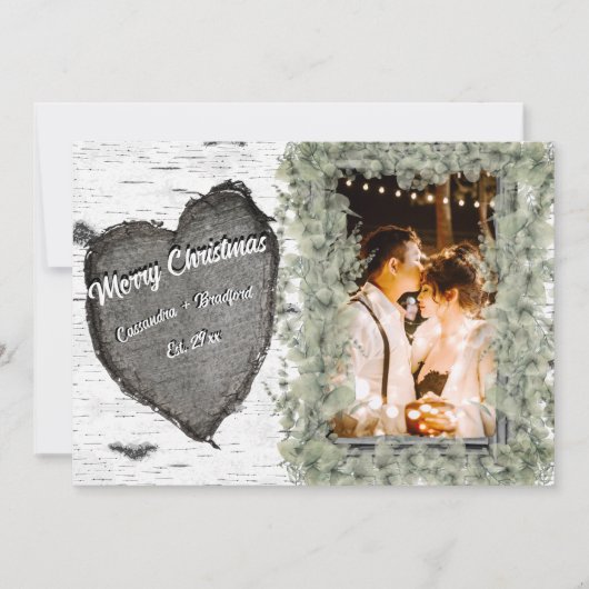 Rustieke bast houten hart familiefoto feestdagenkaart (Voorkant)