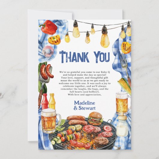 Rustieke BBQ Zomer Blauw Plaid Baby-Q Douche Bedankkaart (Voorkant)