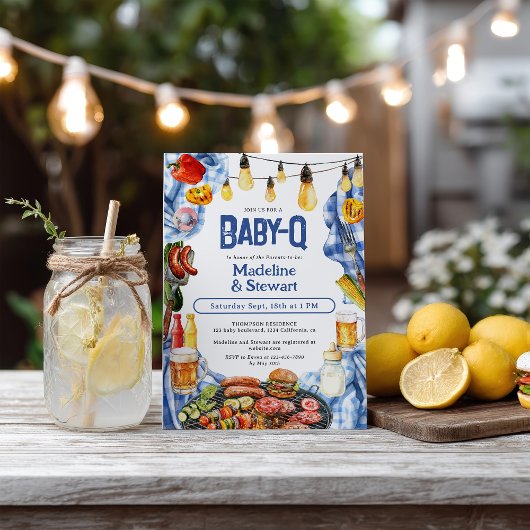 Rustieke BBQ Zomer Blauw Plaid Baby-Q Douche Kaart