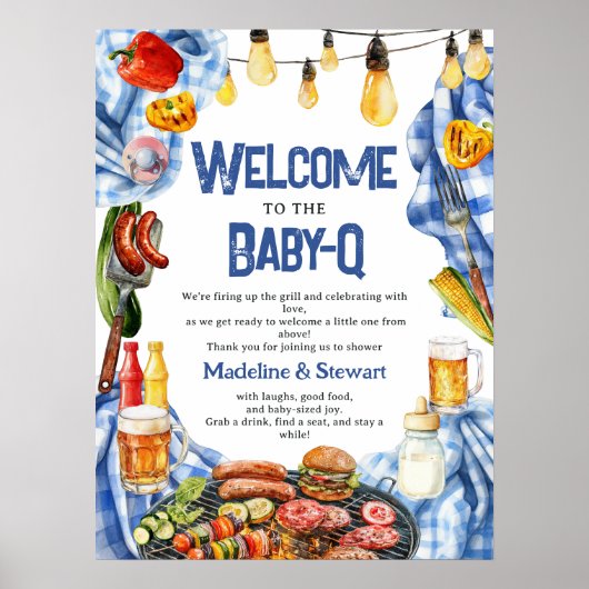Rustieke BBQ Zomer Blauw Plaid Baby-Q Douche Welko Poster (Voorkant)