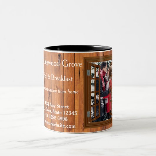 Rustieke Bed and Breakfast 🌿 Custom Lodge Logo Tweekleurige Koffiemok (Center)