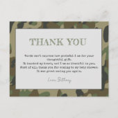 Rustieke bedankjongen baby shower camouflage briefkaart (Voorkant)