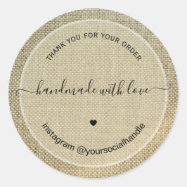 Rustieke bedankt handgemaakt met liefde beige linn ronde sticker