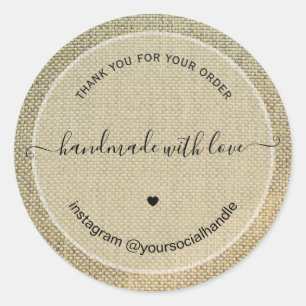 Rustieke bedankt handgemaakt met liefde beige linn ronde sticker