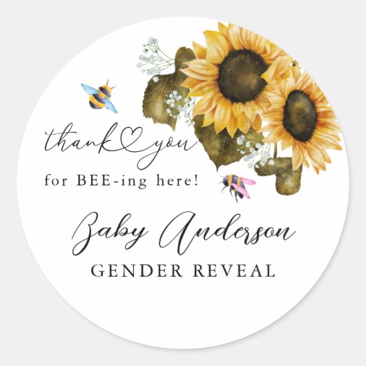 Rustieke Bee Zonnebloem Geslacht Onthullen Party F Ronde Sticker (Voorkant)
