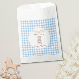 Rustieke Beer Blauw Waterverf Gingham Baby Shower Bedankzakje