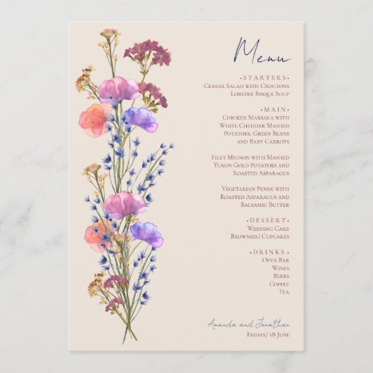 Rustieke Beige Acryl Bloemen Menu (Voorkant)