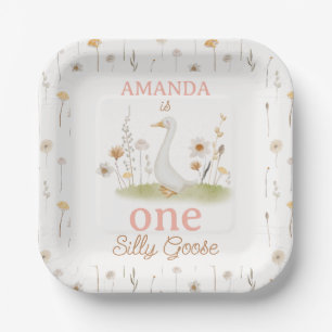 Rustieke Beige Bloemen Een Gekke Gans 1e Verjaarda Papieren Bordje