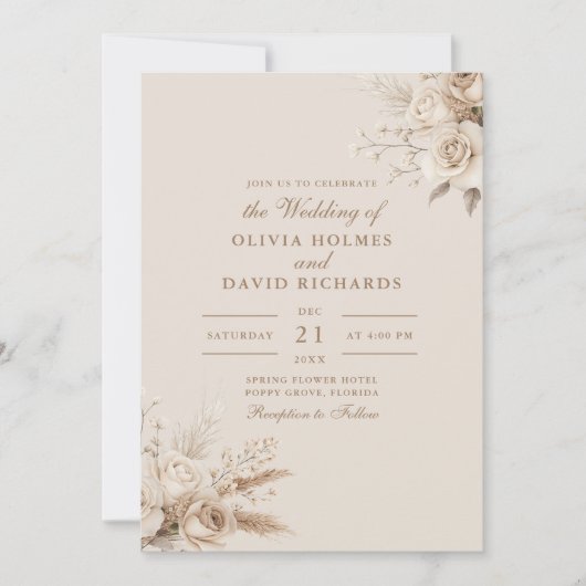 Rustieke Beige Gedroogde Bloem & Witte Rozen Trouw Kaart (Voorkant)