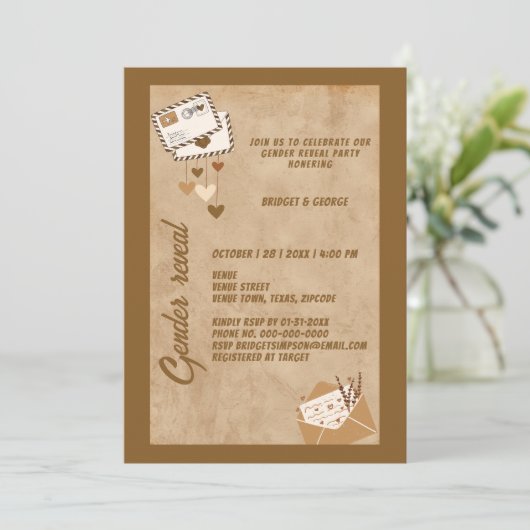 rustieke beige gender reveal party kaart (Staand voorkant)