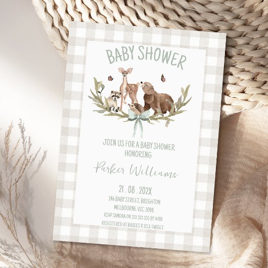 Rustieke Beige Gingham Woodland Baby Shower Kaart