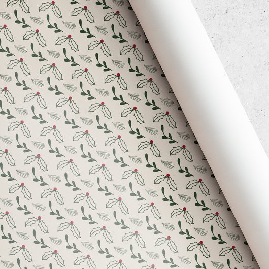 Rustieke Beige Hulstbes Bladgroen Kerst Cadeaupapier