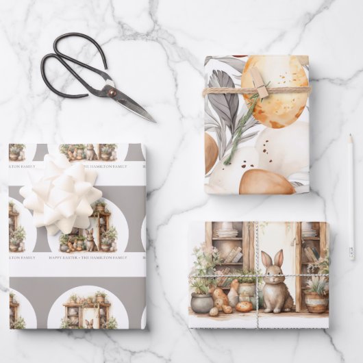  rustieke beige paaskonijn familienaam inpakpapier vel (Voorkant)