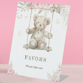 Rustieke Beige Teddybeer Roze Bloemen Favorieten Reclamebord Met Voetstuk