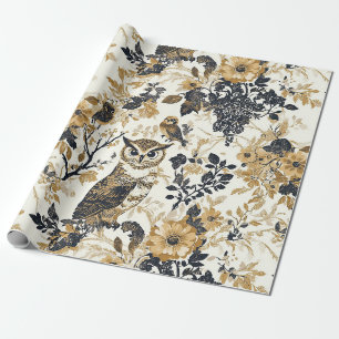 Rustieke Beige Uil Bos Bloemmotief Cadeaupapier