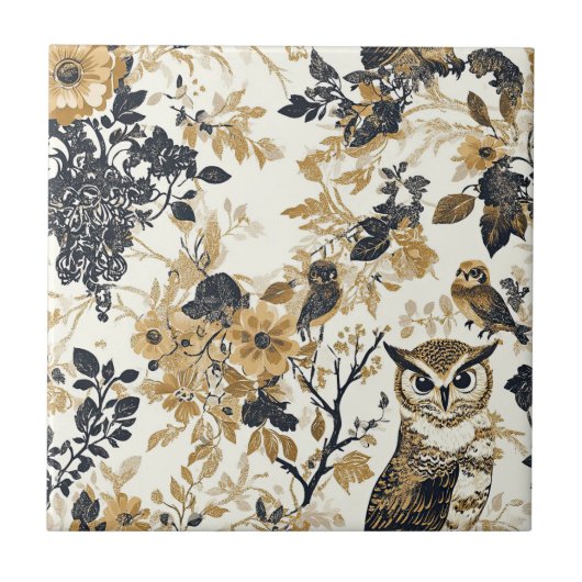 Rustieke Beige Uil Bos Bloemmotief Tegeltje (Voorkant)