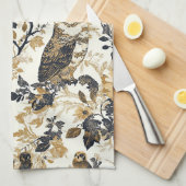 Rustieke Beige Uil Bos Bloemmotief Theedoek (Quarter Fold)
