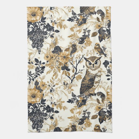 Rustieke Beige Uil Bos Bloemmotief Theedoek (Verticaal)