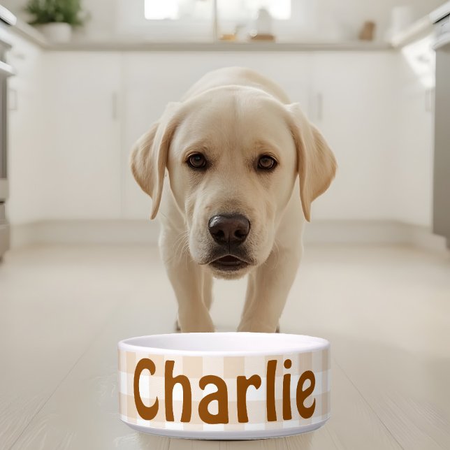 Rustieke Beige White Gingham Buffalo Patroon Naam Voerbakje (Creator heeft geüpload)