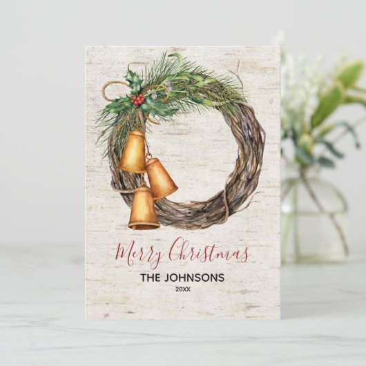 Rustieke Bell krans Birch Waterverf Bloemenvakanti Feestdagenkaart (Staand voorkant)