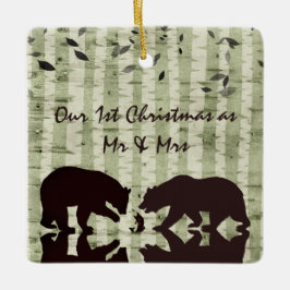 Rustieke Beren, Berkenbomen 1e Kerstmis Mr. & Mrs Keramisch Ornament