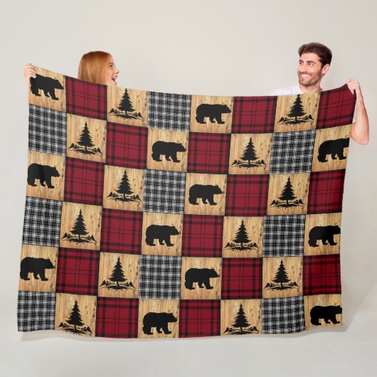 Rustieke beren bomen hout Buffalo geruit rood zwar Fleece Deken (In situ)