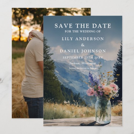 Rustieke Berg Bloemstuk Metselaars Pot Foto Trouw Save The Date (Voorkant / Achterkant)