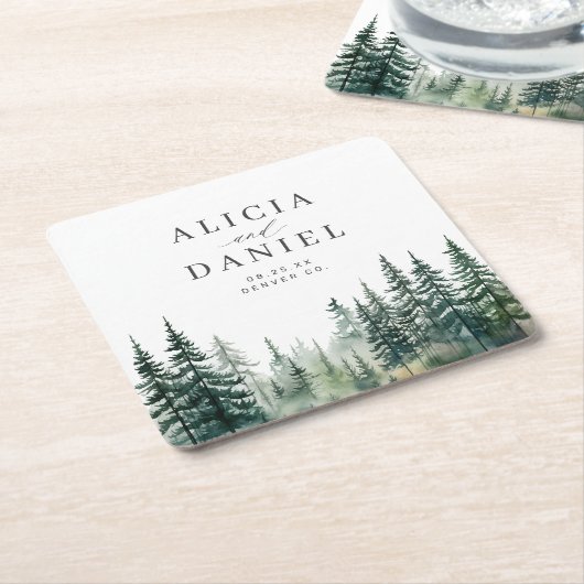Rustieke berg dennenbos bruiloft kartonnen onderzetters (Schuin)