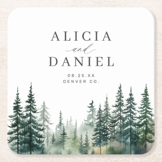Rustieke berg dennenbos bruiloft kartonnen onderzetters (Voorkant)