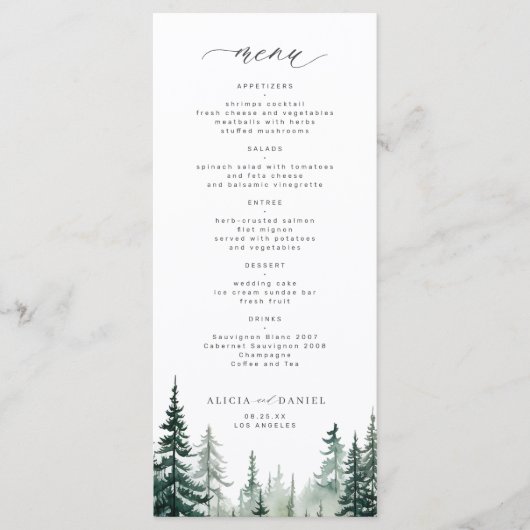 Rustieke berg dennenbos bruiloft menu (Voorkant)