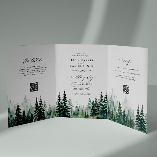 Rustieke berg groen dennenbos QR code bruiloft Drieluik Uitnodiging