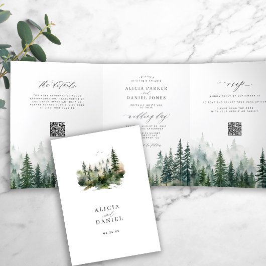 Rustieke berg groen dennenbos QR code bruiloft Drieluik Uitnodiging