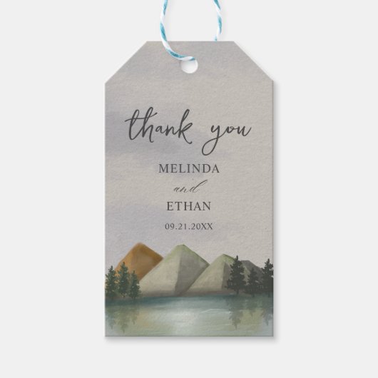 Rustieke Berg & Lake Evergreen bruiloft Cadeaulabel (Voorkant)