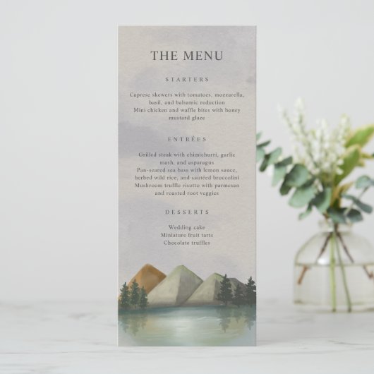 Rustieke Berg & Lake Evergreen bruiloft Menu (Staand voorkant)