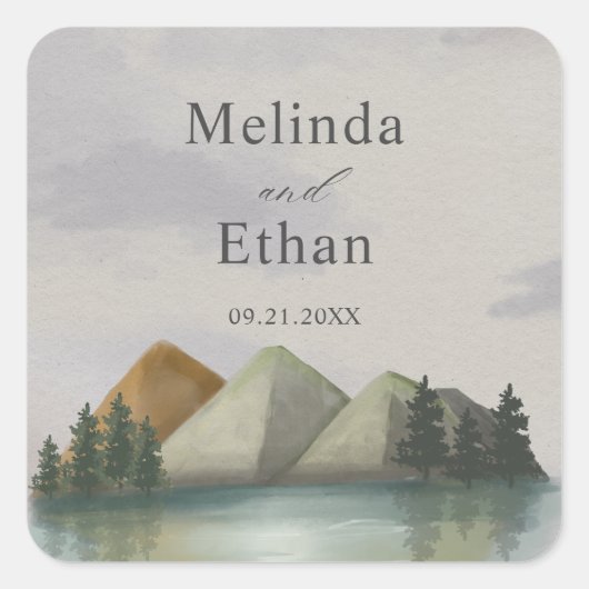 Rustieke Berg & Lake Evergreen bruiloft Vierkante Sticker (Voorkant)