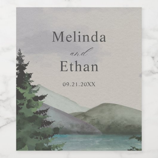 Rustieke Berg & Lake Evergreen bruiloft Wijn Etiket (Enkel label)