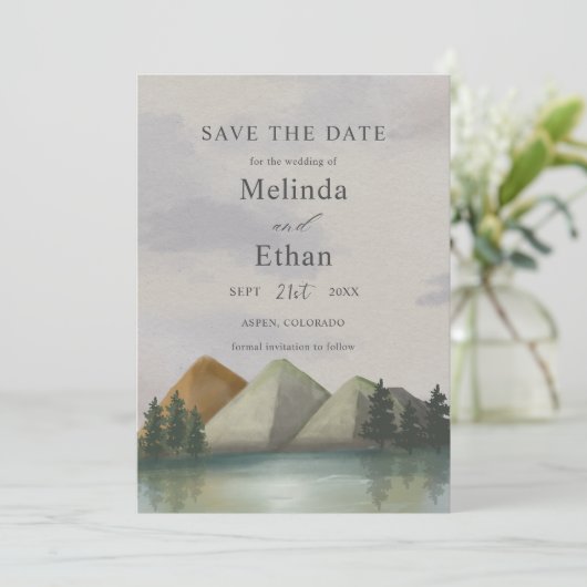Rustieke Berg & Lake Evergreen Save The Date Kaart (Staand voorkant)