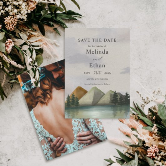 Rustieke Berg & Lake Evergreen Save The Date Kaart