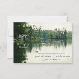 Rustieke berg meer heron silhouet bruiloft RSVP Kaartje