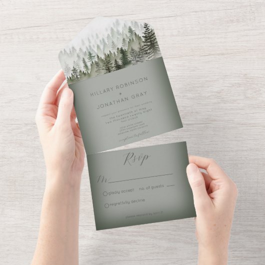 Rustieke berg mist bos groen geen diner all in one uitnodiging (Afscheurbaar)