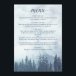 Rustieke berg pijnbomen blauw bruiloft menu<br><div class="desc">Dit rustieke huwelijksmenu beschikt over een kanten script kalligrafie titel en een alpine wildernis bergscène van blauwe dennenbomen gehuld in nevel of mist. De achterkant heeft ruimte voor de namen van het paar en de trouwdatum. Perfect voor een receptie in de buitenlucht.</div>