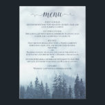 Rustieke berg pijnbomen blauw bruiloft menu<br><div class="desc">Dit rustieke huwelijksmenu beschikt over een kanten script kalligrafie titel en een alpine wildernis bergscène van blauwe dennenbomen gehuld in nevel of mist. De achterkant heeft ruimte voor de namen van het paar en de trouwdatum. Perfect voor een receptie in de buitenlucht.</div>
