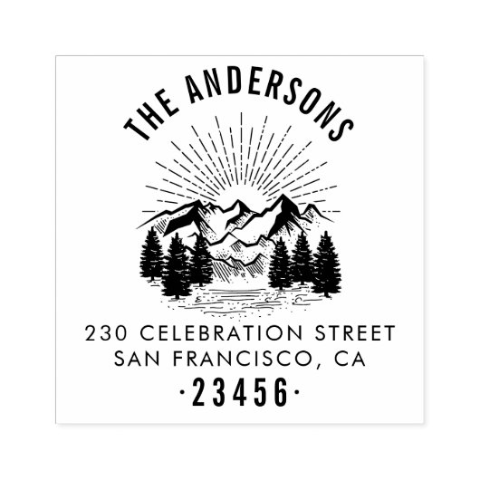 Rustieke berg, pijnbomen en zon retouradres rubberstempel (Afrduk)