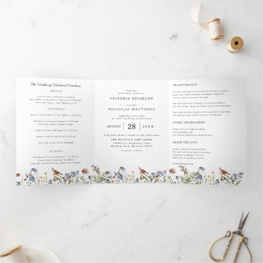 Rustieke Berg Wilde Bloem | Boho Bruiloft Drieluik Uitnodiging (Binnen)