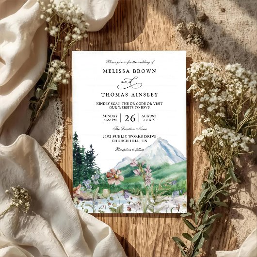 Rustieke Berg Wilde Bloem Boho QR-code Trouwen Kaart