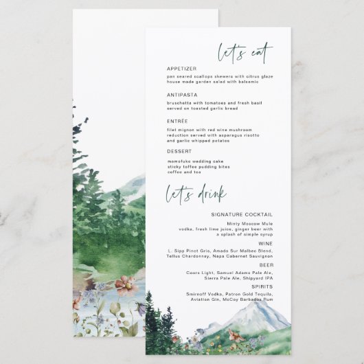 Rustieke Berg Wilde Bloem | Boho Trouwmenu Menu (Voorkant / Achterkant)